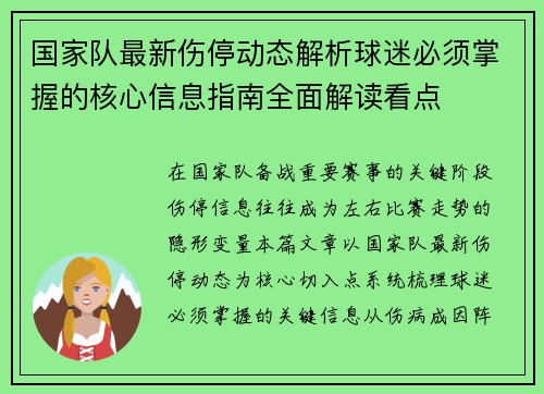 国家队最新伤停动态解析球迷必须掌握的核心信息指南全面解读看点
